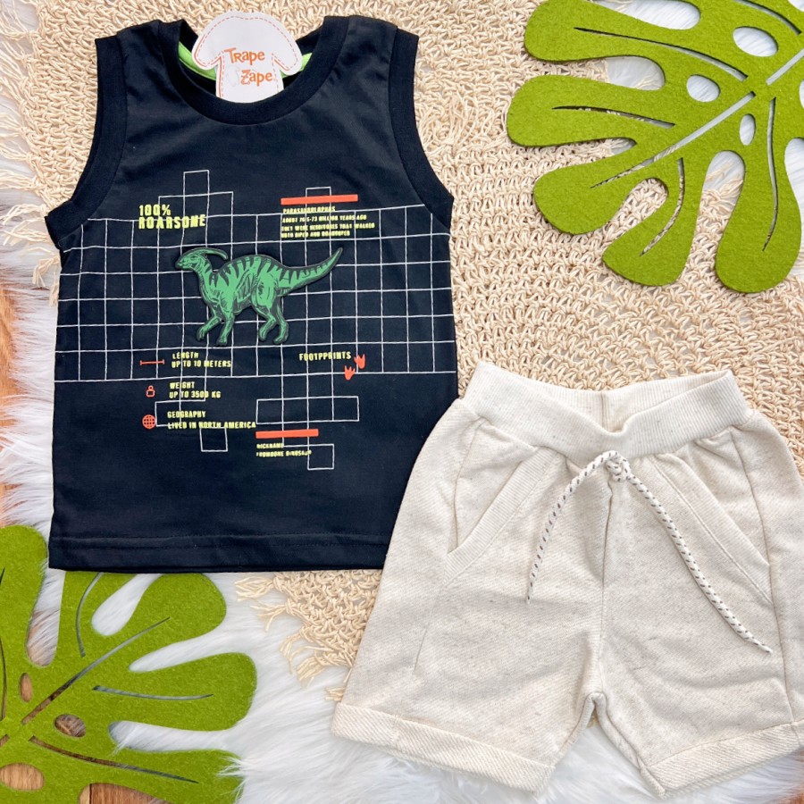 Conj. Regata 100% Roar e Bermuda em Linho - Preto e Areia 